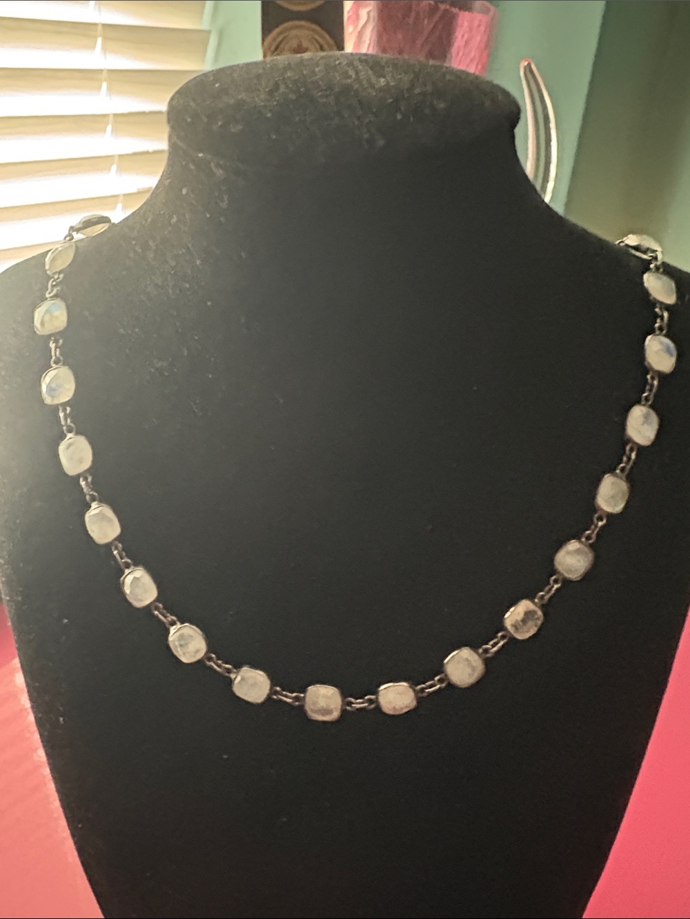 Sterling Silver Moonstone Link Necklace in White-Blue Glow